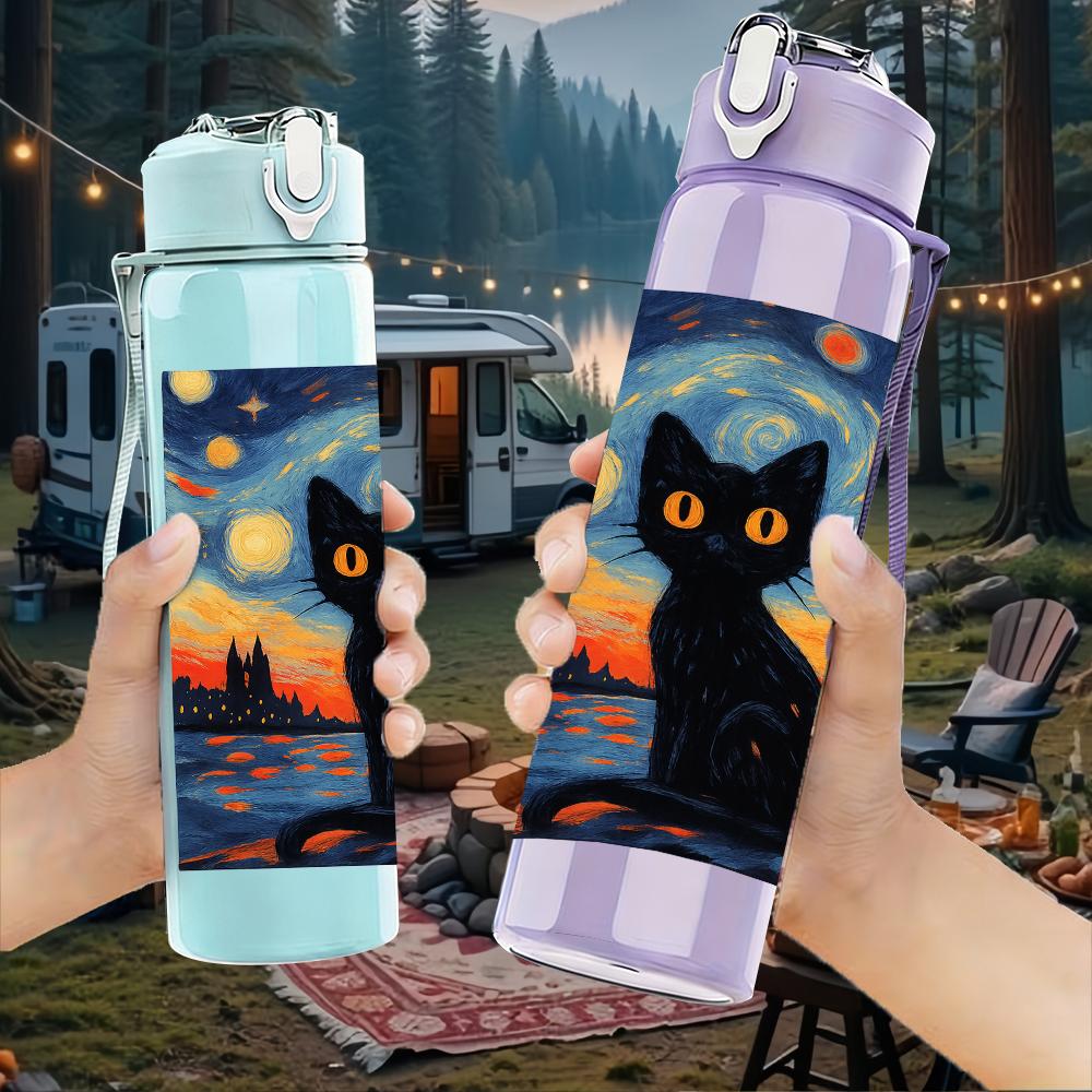 1PC Starry Night Black Cat 750ml Color Plastic Sports Water Bottle Leakproof Flip Straw Lid For Sports Office Home Use