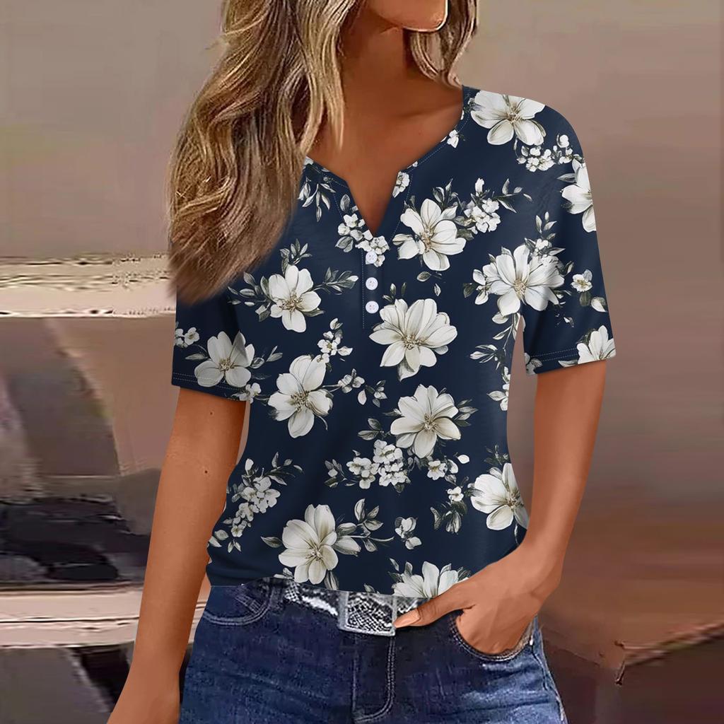 Женская повседневная футболка с v-образным вырезом и короткими рукавами, декоративная футболка на пуговицах, топ