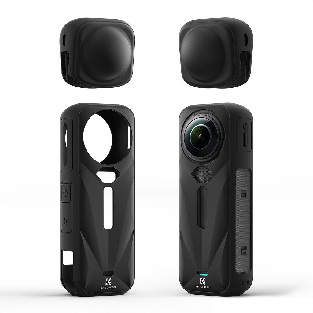 K&F CONCEPT Black Silicone Sleeve Case for Insta360 X5 Soft Protective Case with Lens Cover, Battery Side Open All-Round Protect