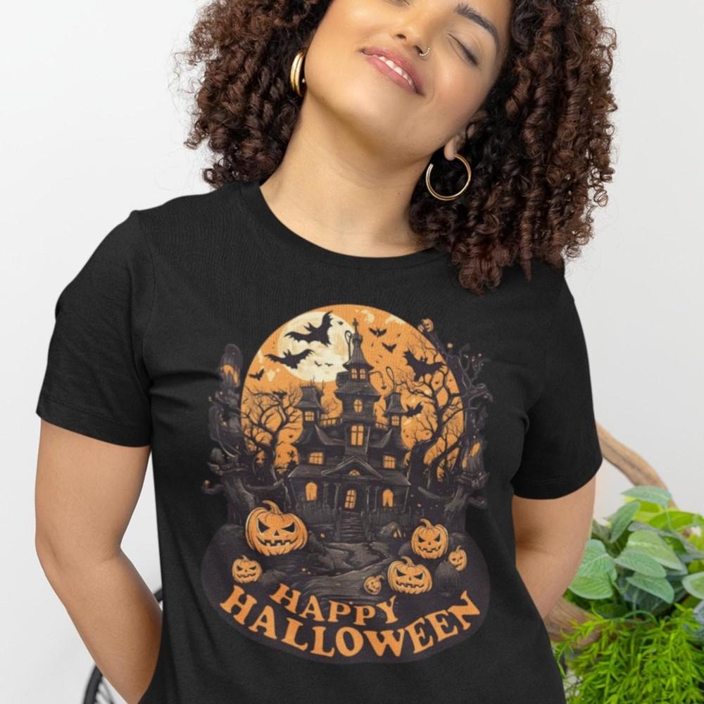 Happy Halloween Haunted House Tee – Jack-o'-Lanter<wbr/>n & Spooky Graphic T-Shirt Unisex T-Shirt