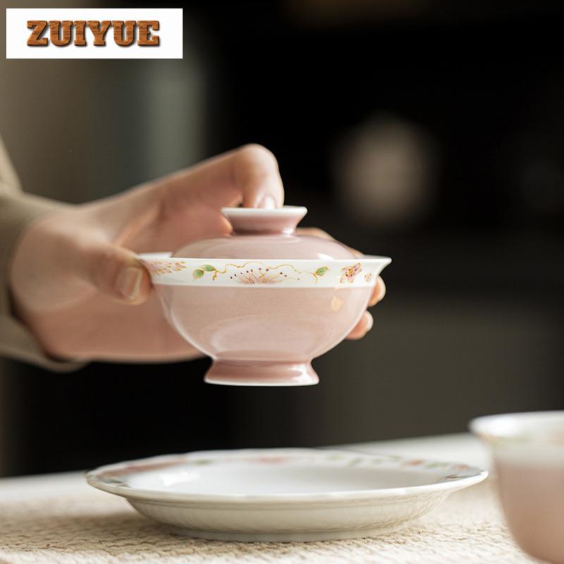 120ml Apricot Powder Hand-painted Wide Mouthed Gaiwan Retro Tea Tureen Tea Bowl With Lid Kit Tea Brewing Cover Bowl Teaset Craft