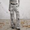unifree Letter Print Tie-Dye Distressed Loose Straight-Leg Pants
