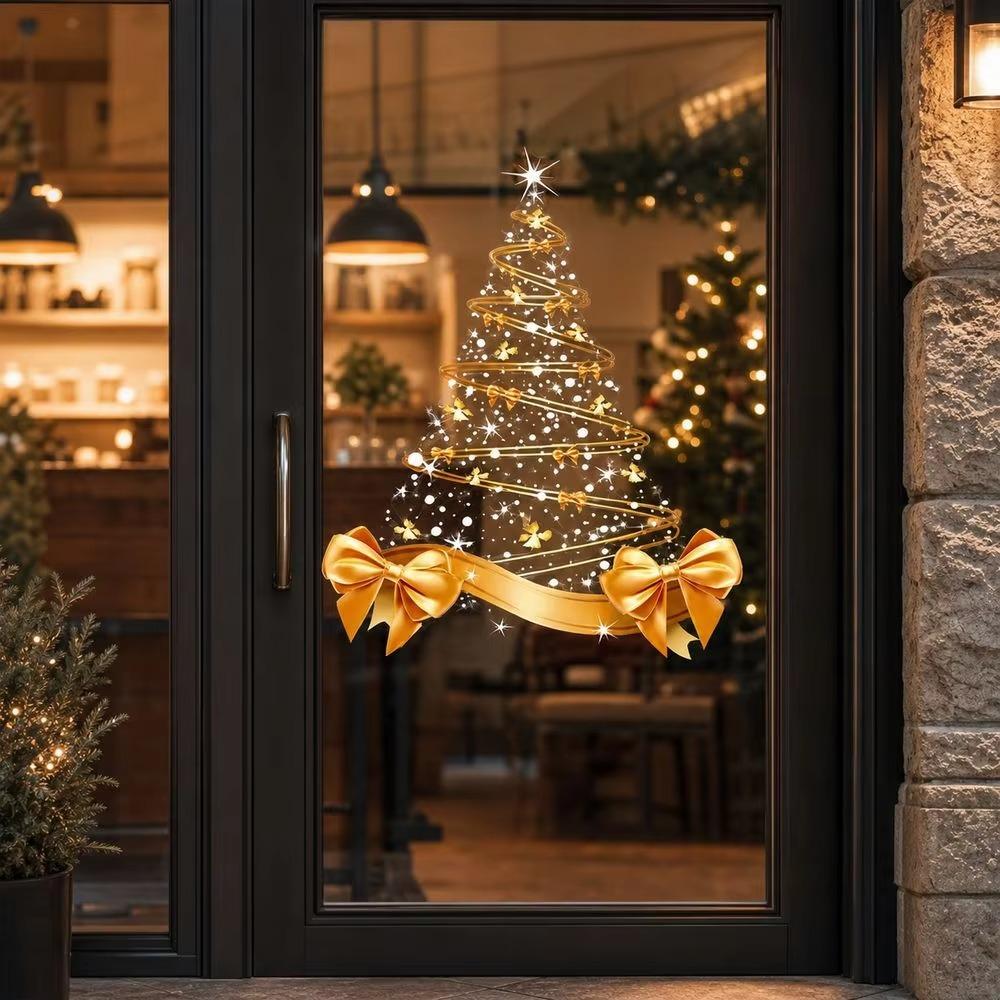 Star Bow Design Golden Christmas Tree Window Stickers Christmas Glass Door Stickers Showcase