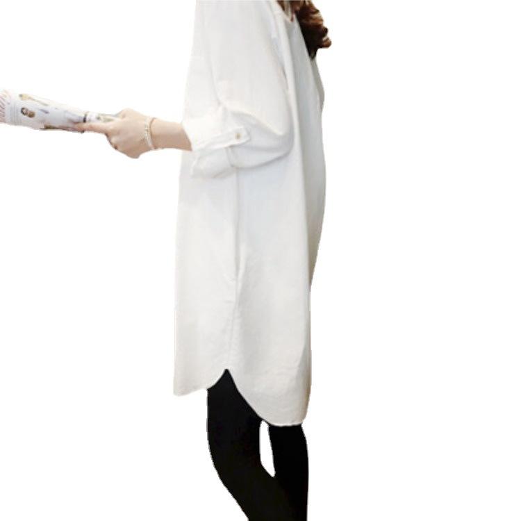 Женская рубашка BF Wind Loose Large Size Medium length Shirt Female Long Sleeves V-образный вырез White Casual Universal Shirt Temperament Elegant Fashion Top