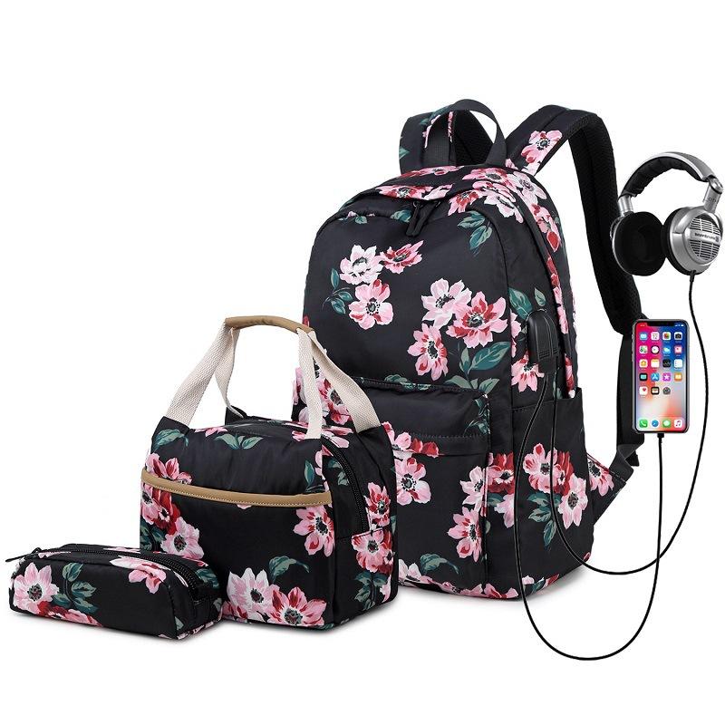 Teens School Backpack Set Girls Women School Bags Lightweight Waterproof Nylon Travel Floral Kids Bookbags Casual Daypack
