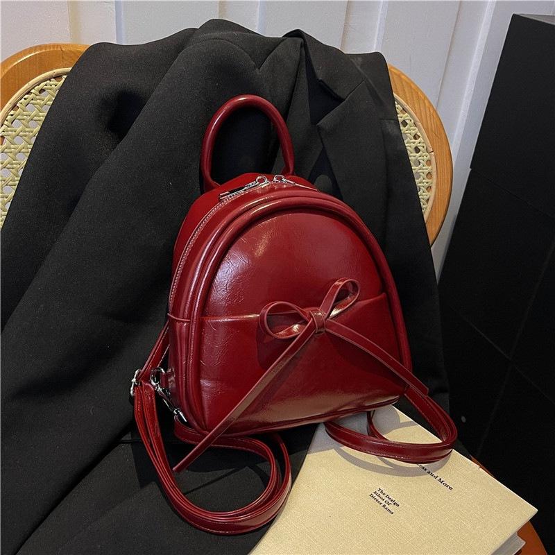 Cute Bow Solid Zipper Pu Backpack Women'S Simple Waterproof Bag Large Capacity Travel Backpack Girly Student School Bags