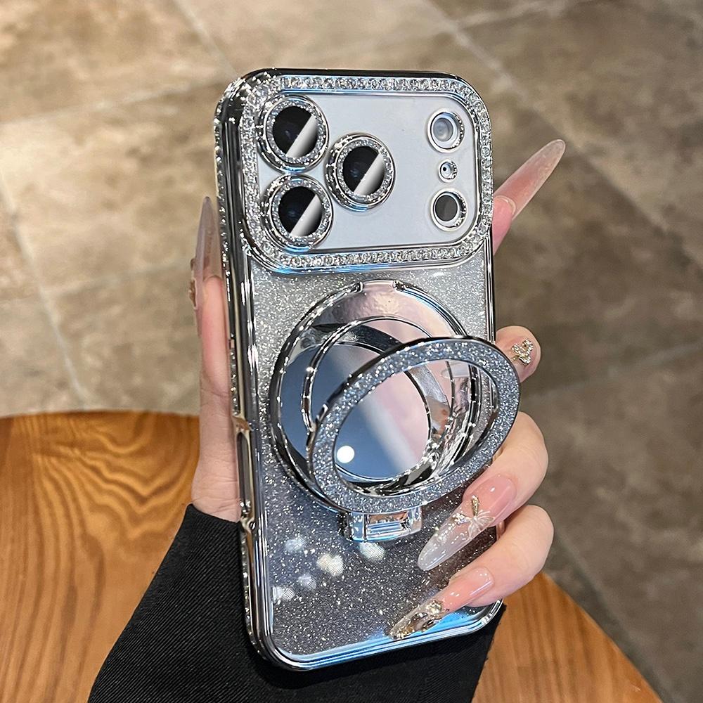 Gradient Glitter For Magsafe Magnetic Mirror Stand Holder Case For iPhone 13 14 15 16 17 Pro Max Bling Diamond Shockproof Cover