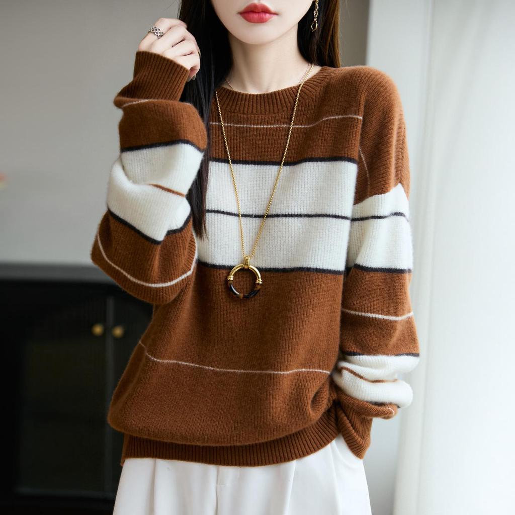 Women's Striped Pure Wool Round Neck Sweater - Autumn/Winter, Thick, Loose Knit, Versatile Base Layer