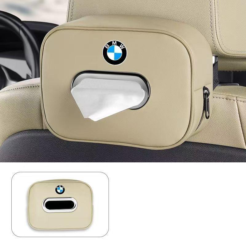 BMW Car Headrest Tissue Box, Premium PU Leather Hanging Napkin Holder, Universal Auto Seat Back Tissue Case,Car Interior Accessories