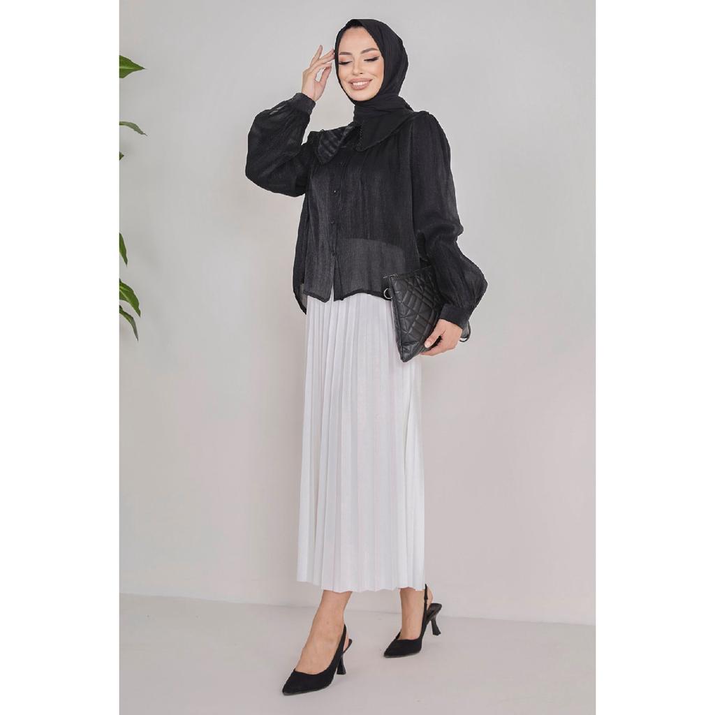 Однотонная женская черная плиссированная юбка среднего размера — 23036