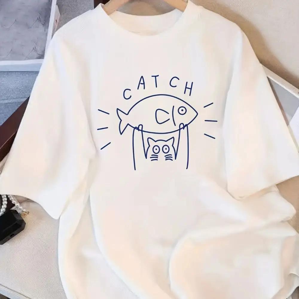Cute Cat Holding Fish T Shirt Funny Kitten Meme Graphic Tee Unisex Kawaii Aesthetic Tops Summer Casual Streetwear Apparel