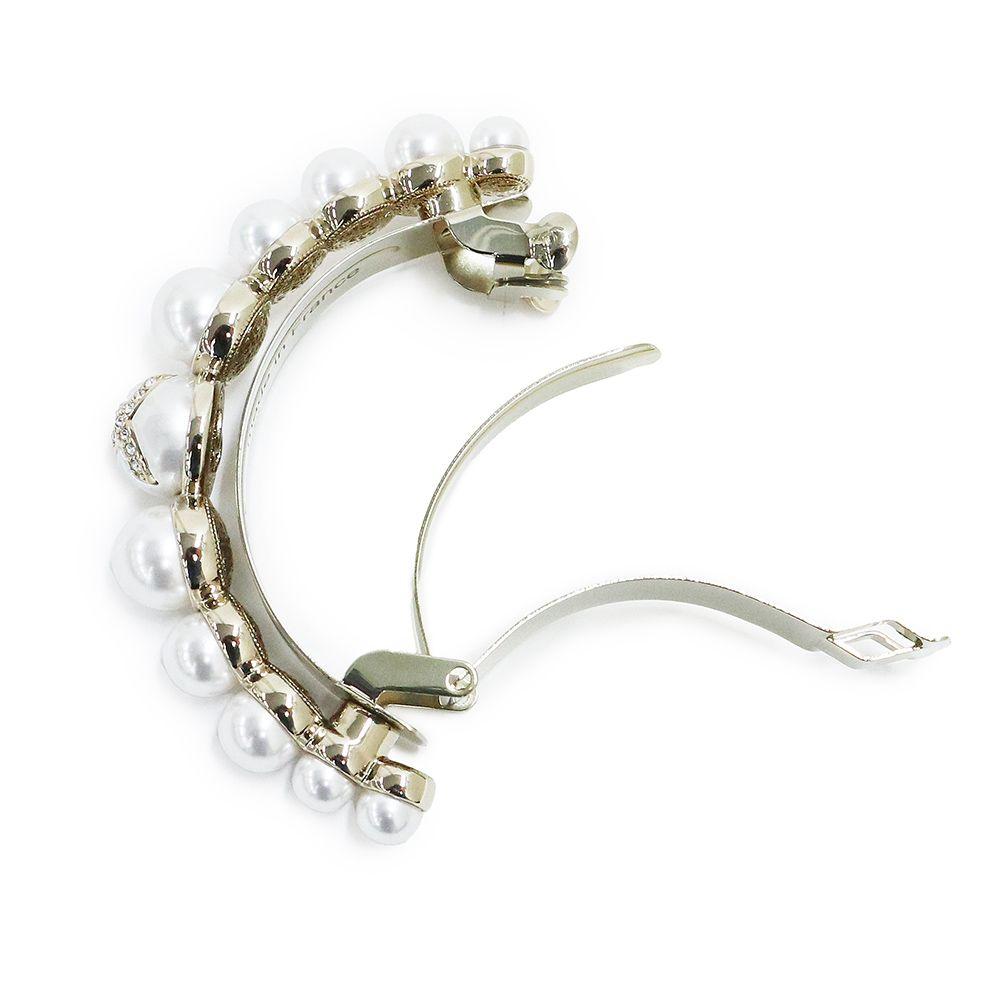 Used Chanel Coco Mark Pearl Rhinestone Barrette Hair Accessory, Hair Clip, Gold AB8465 with Box (New Unused)
