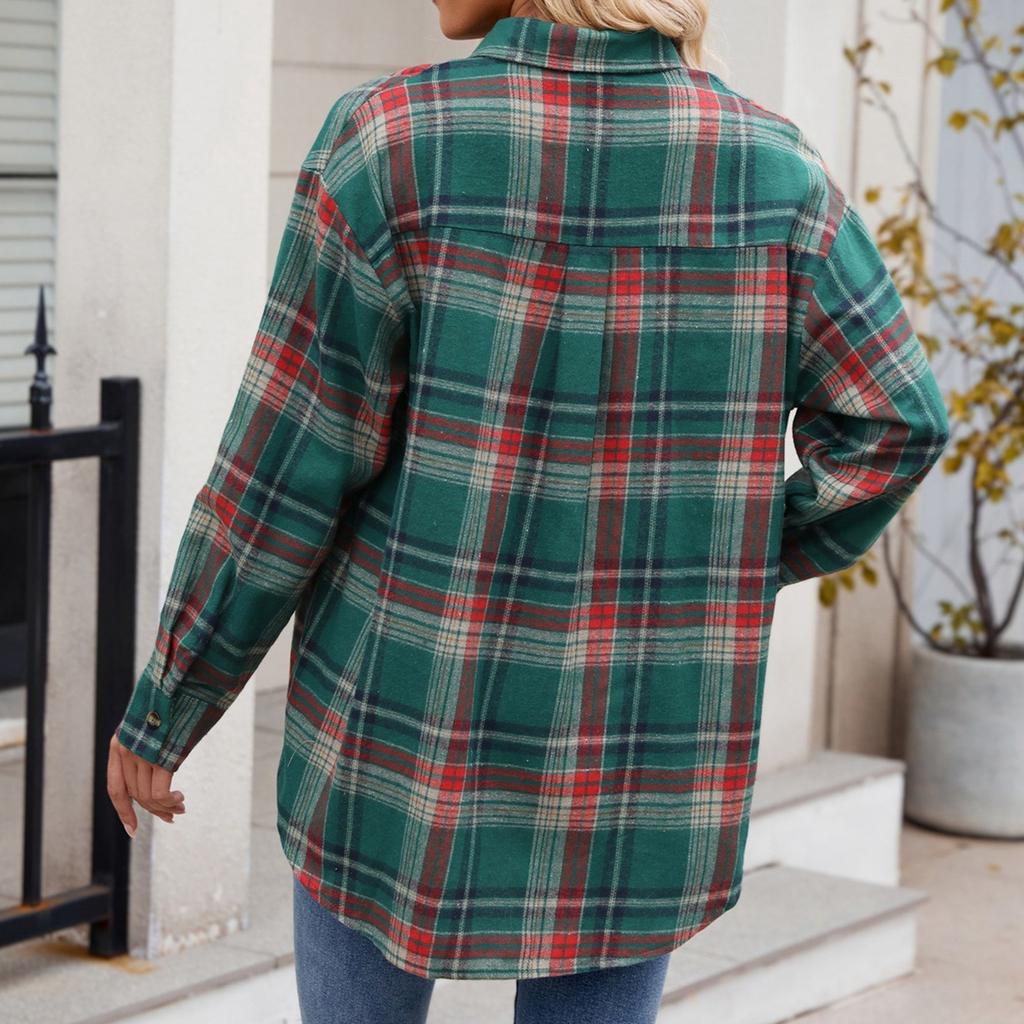 Women's Fashionable Wide Plaid Long Sleeved Loose Button Pocket Shirt Jacket