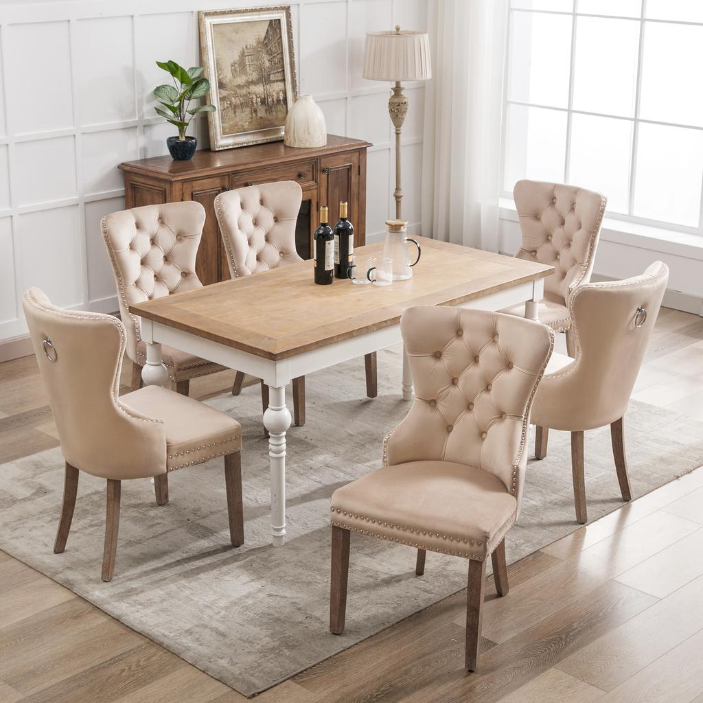 Dining Chair (Kitchen Chair with Unique Door Knocker on the Back, 6 pcs), Upholstered Chair with Nailhead Trim, Solid Wood Legs, Velvet Cover, Beige