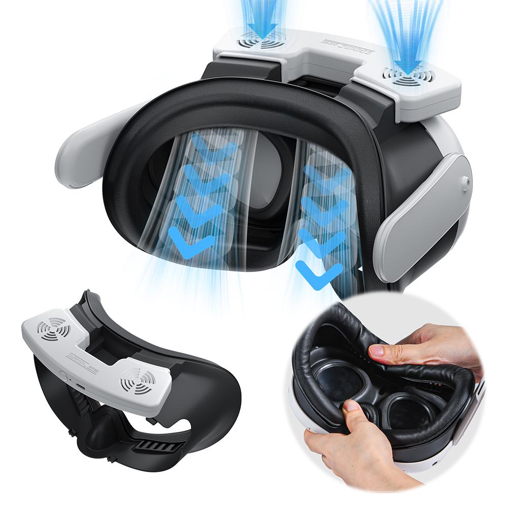 VR Cooling Fan Air Circulation Breathable Cooling Fan Face Cover 3 Speeds with PU Face Cushion Pad for Meta Quest 3 VR Headset