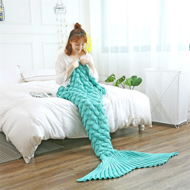 Summer Breathable Knitted Nap Blanket Soft and Comfortable Mermaid Blanket Sofa Blanket Family, Ladies, Children, Camping, Photography, Sleeping Bag