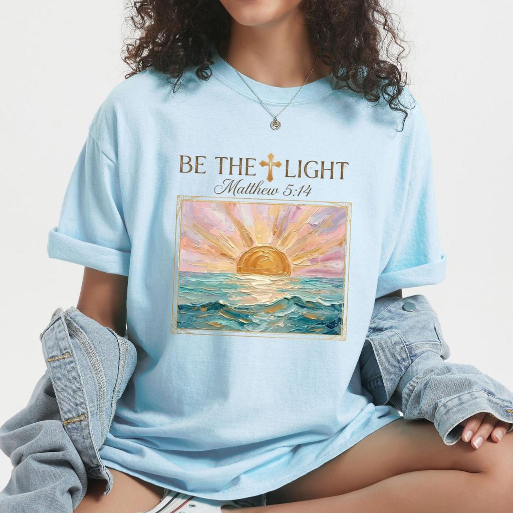 Be The Light Christian Shirt, Matthew 5:14 Faith T-Shirt, Sunrise Beach Tee, Bible Verse Shirt, Religious Gift for Men Women, Jesus Apparel