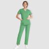 Short Neck Sleeve V Womens Solid Color Chest Pocket Work Top Elastic Waist Pants Two Piece Work Set3 Pocketsscrubs Tops For Women