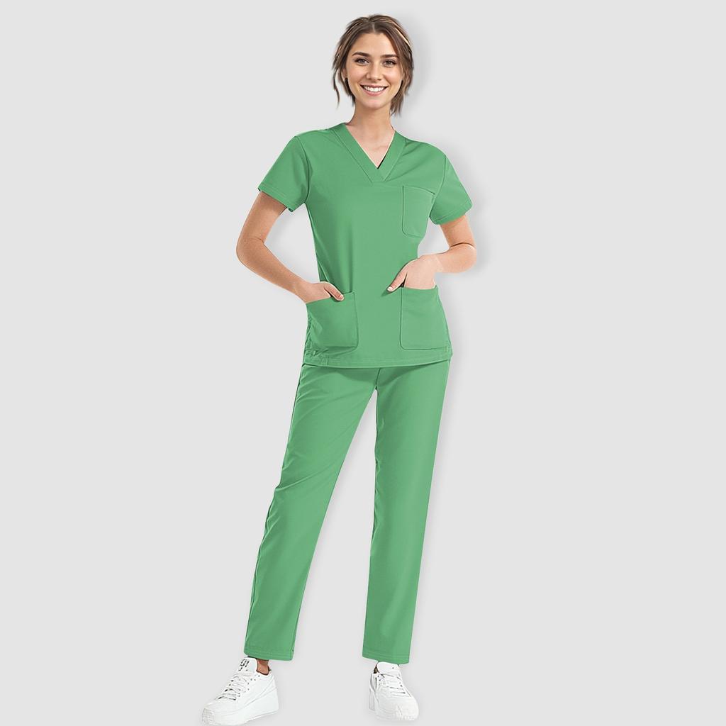 Short Neck Sleeve V Womens Solid Color Chest Pocket Work Top Elastic Waist Pants Two Piece Work Set3 Pocketsscrubs Tops For Women