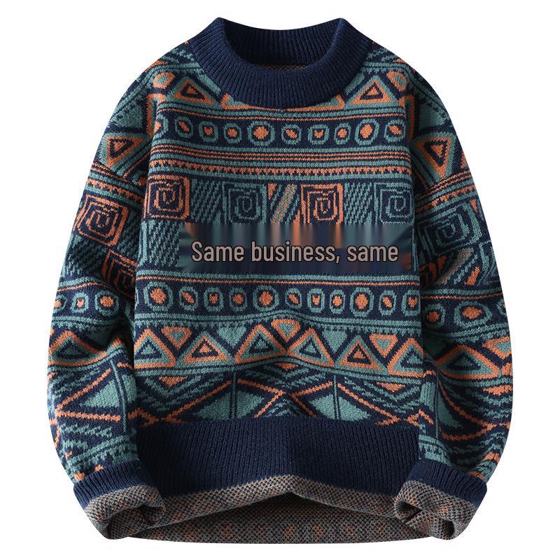 Этнический круглый вырез пуловер 2025: Толстый свободный корейский свитер для пары