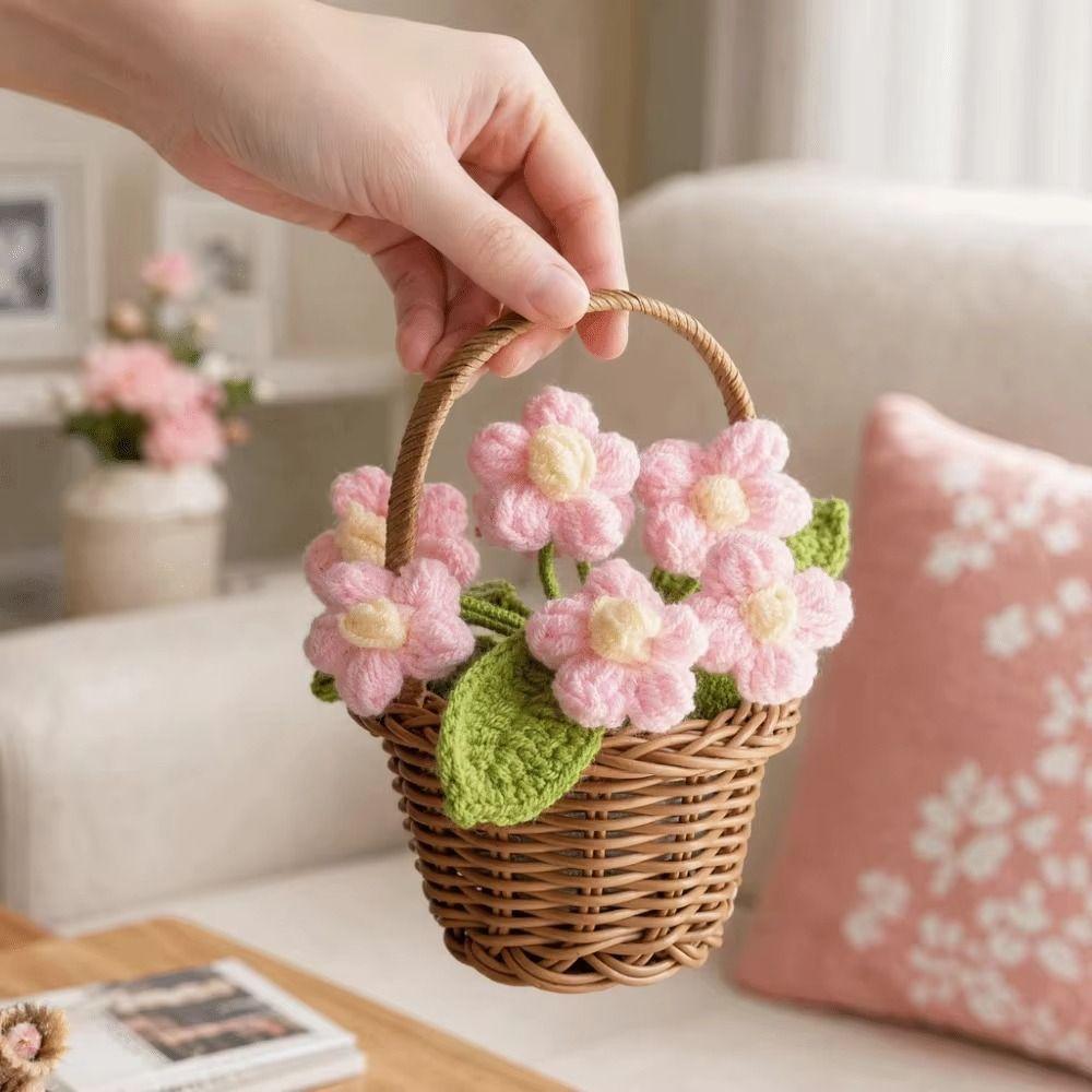 Small Crochet Flower Pot Handmade Puff Flower Potted Ornament Office Desktop Decoration