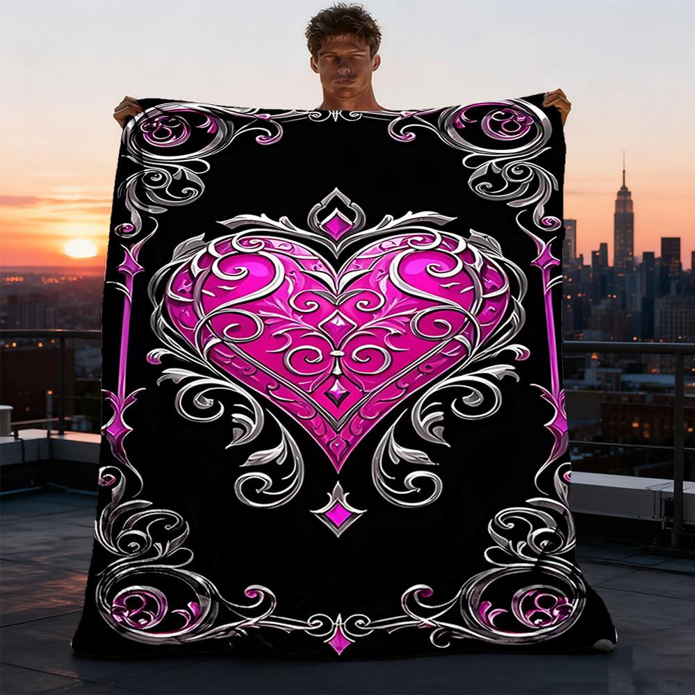 1pc Heart Ornament Outdoor Flannel Blanket Soft All Season Polyester Throw , Perfect for Picnics & Travel , Picnic Accessory