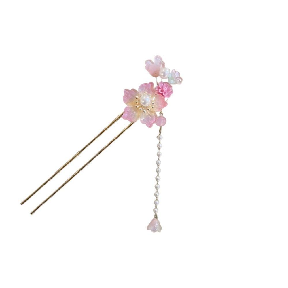 Exquisite Flowers Pearl Tassel Hairpin Fashion Flower Headdress Ancient Style Hair Stick  Hanfu