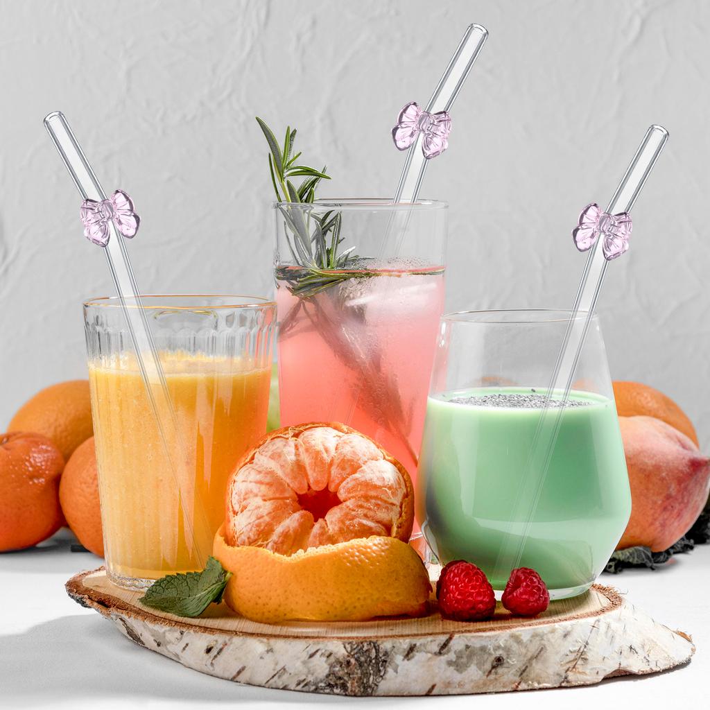 12 Pieces Reusable Glass Straws With Pink Bow Eco-Friendly Glass Straws Shatter Resistant Cute Bend Drinking Straws With 2 Clean