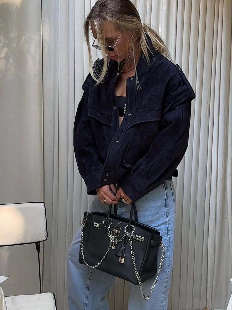 2025 Autumn/Winter European & American Melaude Suede Long Sleeve Pocket Loose Jacket for Women