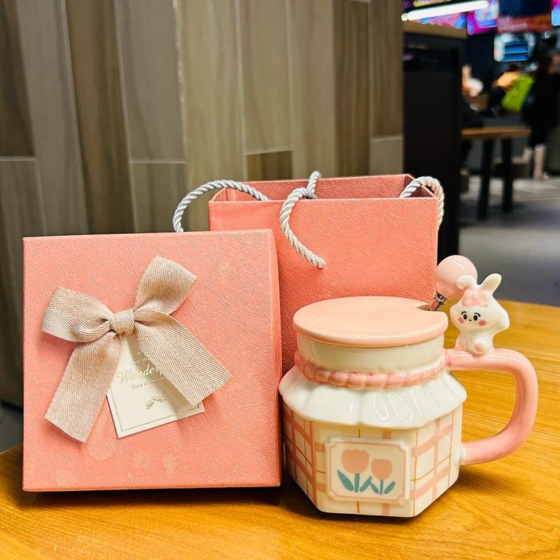 Пара кроликов Чашка-тюльпан Сувенир Подарок на день рождения Девочка Офисная чашка для воды Керамическая кружка с крышкой
