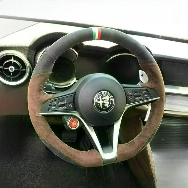 WZLN3 For Alfa Romeo Giulia 2016-2019 Stelvio 2017 Hand Stitched renovation wear-resistant black brown suede car Steering wheel cover