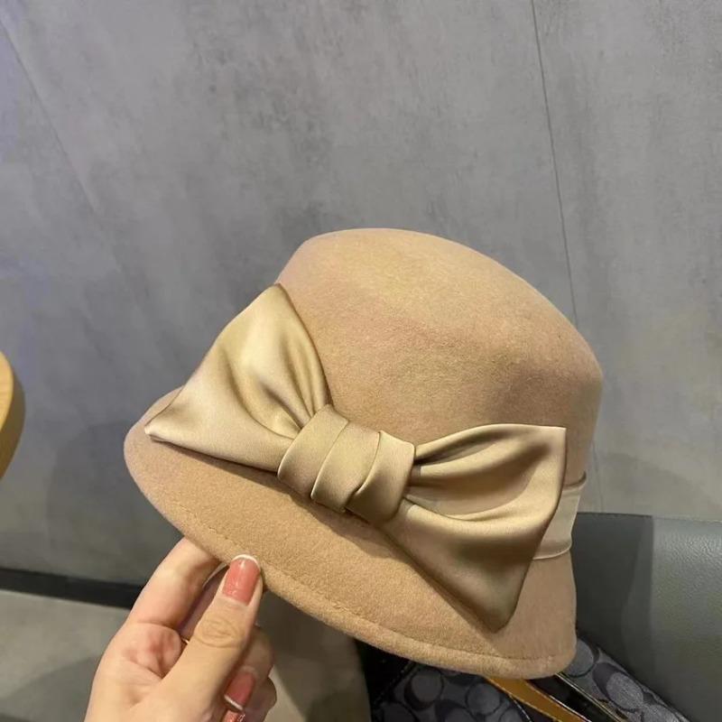 202308-2508937 Japan Ins Dropshipping Winter Wool Felt Hepburn Grace Bowknot Ribbon Lady Bucket Cap Women Leisure Fishermen Hat