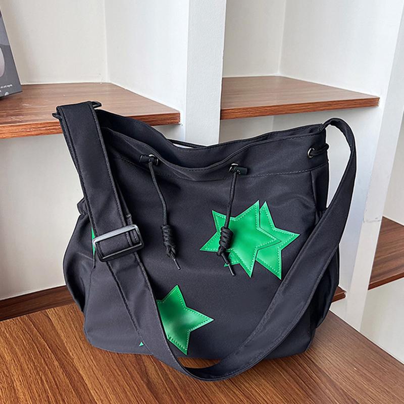 Women Star Nylon Shoulder Bag Drawstring Crossbody Bag Large Capacity Casual Satchel Student Travel Bag