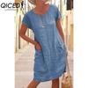QICED Women Solid Color Summer Midi Dress Ladies Casual Loose Dress with Pockets Plus Size