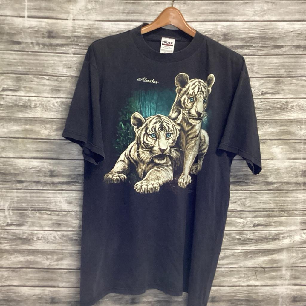 Vintage Alaska Shirt Mens XL Black TULTEX Snow Tiger Graphic Nature Tee 90s