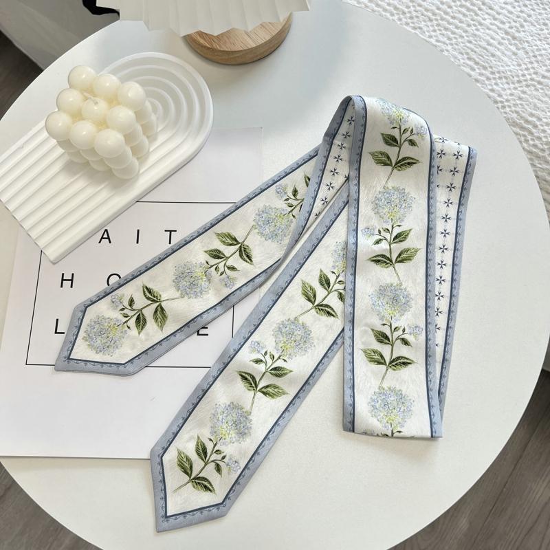 High-Grade Flower Print Long Silk Scarf Hair Band Ribbon Tied-up Hair Long Bow Vintage Satin Ribbon Hair Accessories For Women