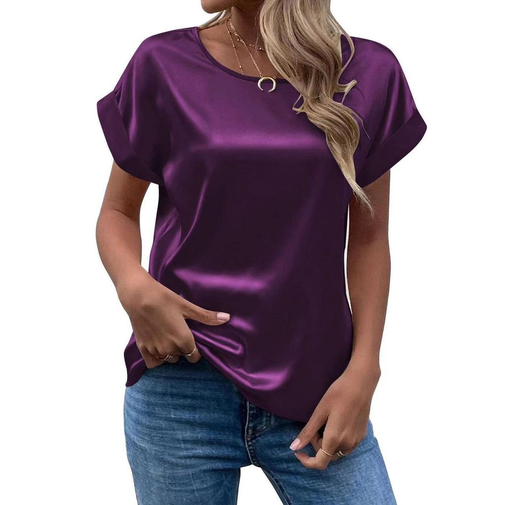 Spring and Summer New Women's Short Sleeve Satin Shirt Loose Casual Round Neck Colored Ding T-shirt Women
