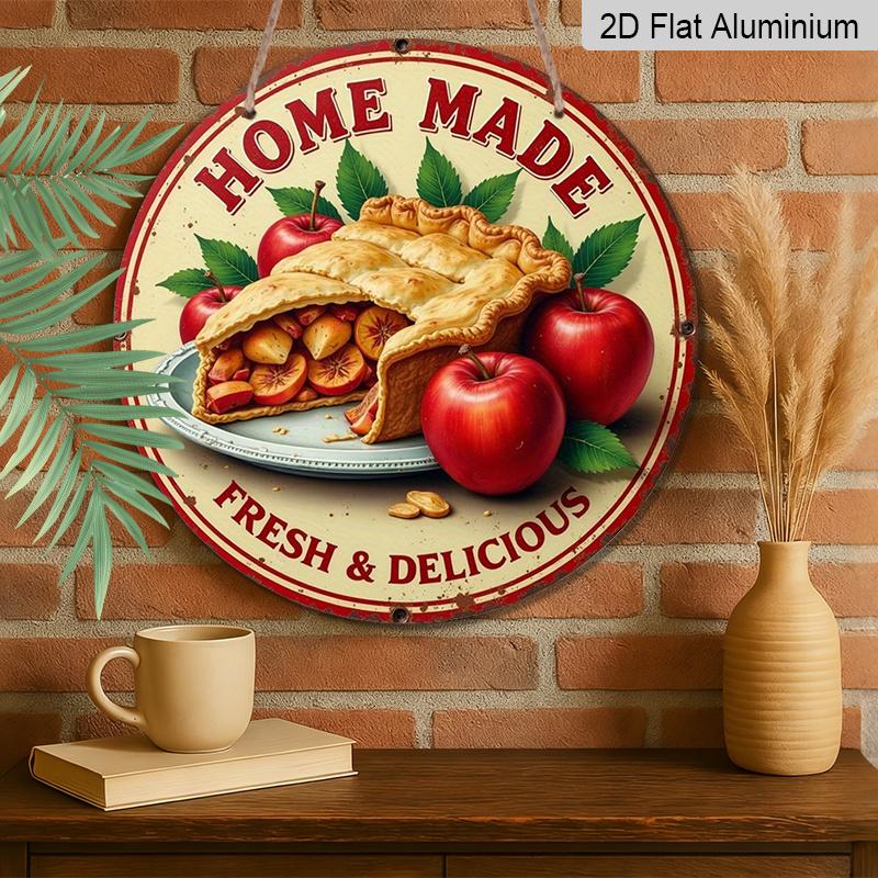 2D Flat 1pc, 8x8 in, Vintage-Style Aluminum Metal Sign - "Home Made" Apple Pie & Apples Decorative Wall Art, Garden Decor for Home, Bar, and More