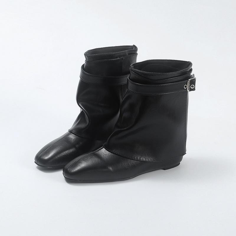 Square head belt buckle boots women's autumn and winter new fashion low-heeled trend knight boots slim fashion boots