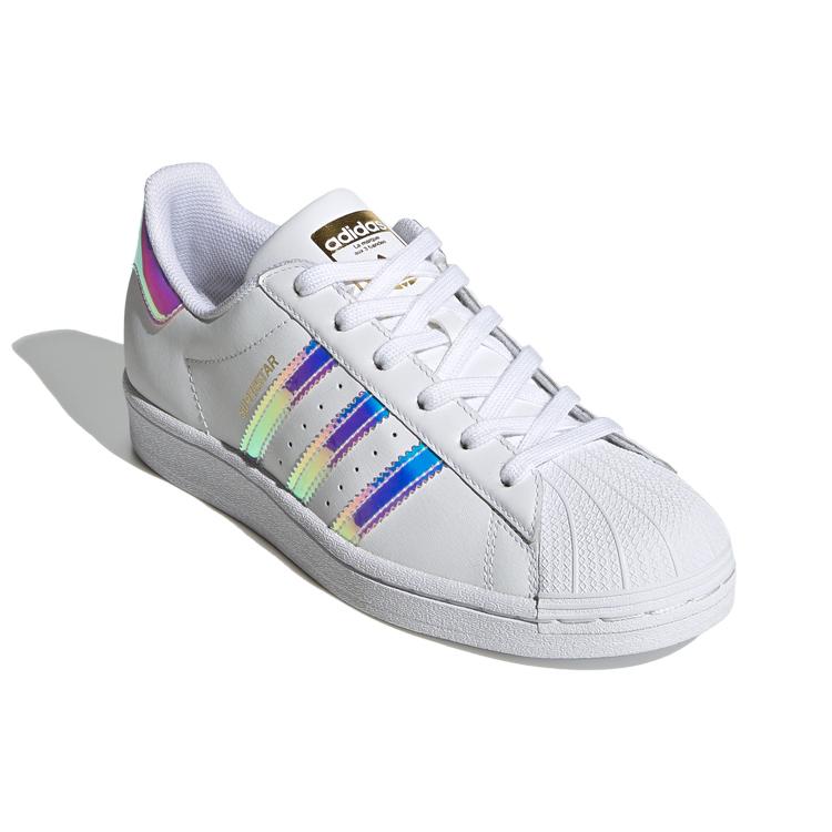 adidas Womens Superstar 'White Iridescent' (women's sizes) Cloud White / Gold Metallic / Core Black Skateboard Shoes FX7565
