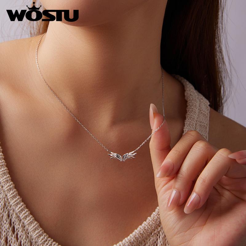 WOSTU Angel Wing Necklace for Women 925 Silver Feather Pendant Chain Minimalist Winged Jewelry Gift for Her Valentine's Gift