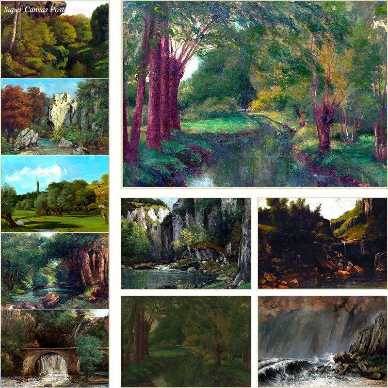 Realism Famous Artist Gustave Courbet River Rocks Forest Landscape Poster Canvas Painting Wall Art for Living Room Home Decor