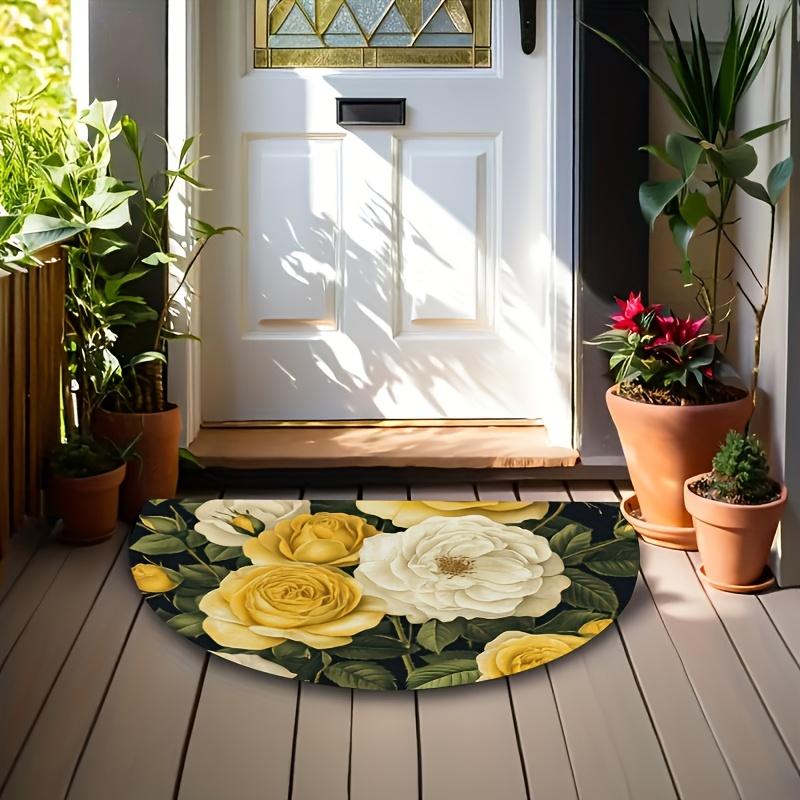 1Pcs Yellow White Rose Semi Circle Welcome Doormat Non-Slip for Outdoor Patio Porch Kitchen Bathroom Entryway Floor Mat