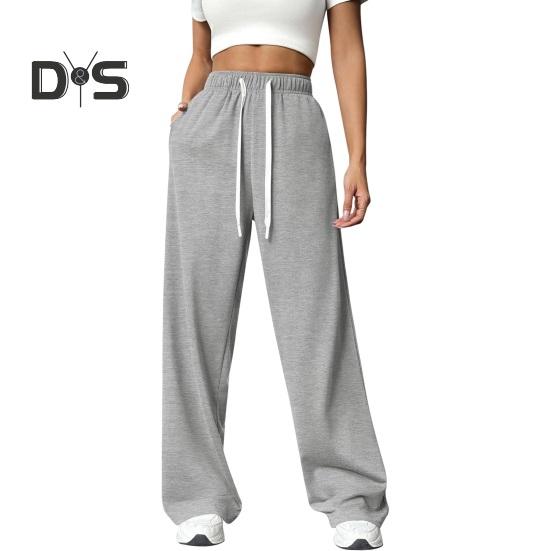 Women Pants Elastic High Waist Adjustable Drawstring Straight Wide Leg Trousers with Pockets Solid Color Casual Pants