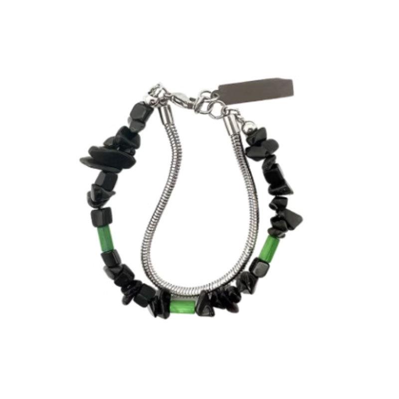 Retro Black Crushed Stone Double Layer Snake Bone Bracelet for Men and Women - Trendy Hip Hop Couple Jewelry with a High-End Feel.
