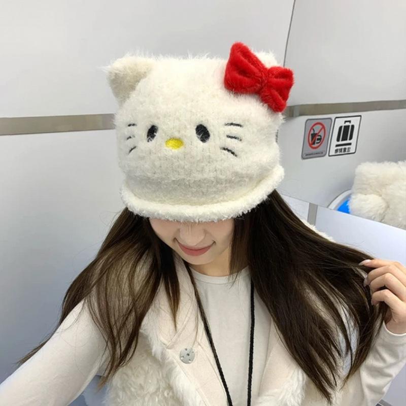 Small face white cold hat sweet cartoon travel plush hat women's winter cute cat ear hat
