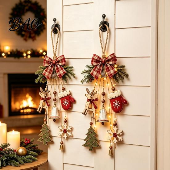 Rustic Christmas Hanging Ornaments Wooden Pendant with LED Lights, Lighted Snowflake Gloves Tree And Reindeer Front Door Porch Decoration Decorations,