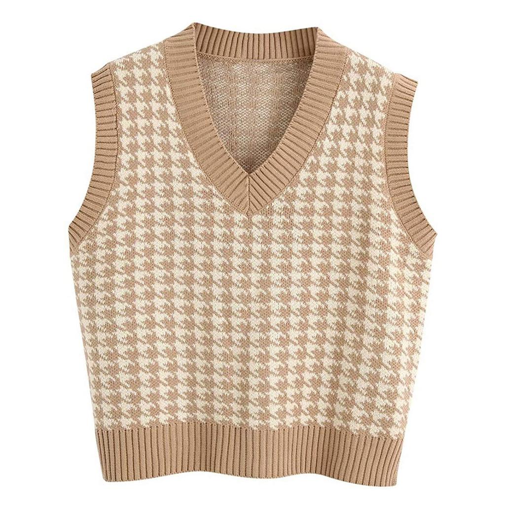 Women's Casual V-Neck Pullover Shirt Collision Color Sleeveless Sweater Vest
