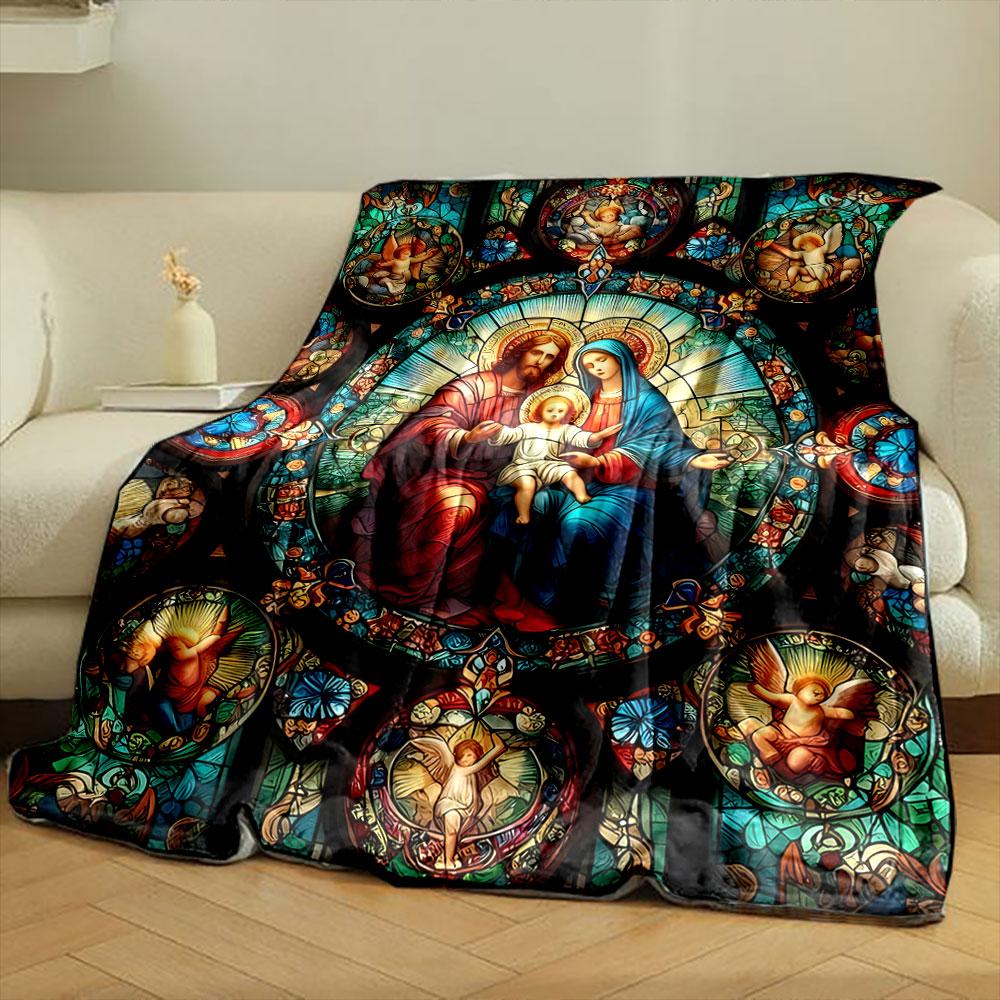 Holy Family Stained Glass Throw Blanket bedroom Blanket for Livingroom Couch lunch break Soft Cozy throw for Friend's festival Gift