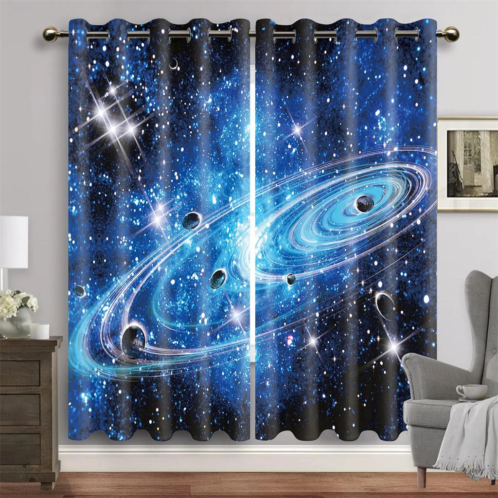 Purple Blue Galaxy Space Universe Stars Starry Window Curtains For Living Room Kids Bedroom Bathroom Kicthen Door Home Decor2Pcs